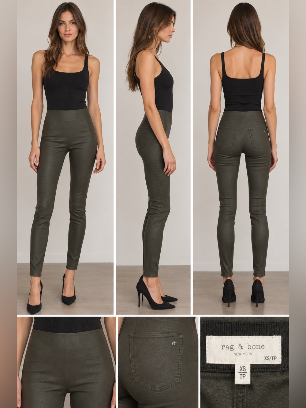Rag & Bone Nina High Rise Pull On Legging Jeans Green Gray Shiny Slim Fit XS
